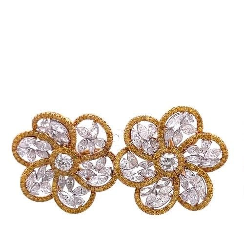 10.10CT DIAMOND & FANCY YELLOW TWO-TONE GOLD FLORAL CLIP-ON EARRINGS VINTAGE (1 of 2)