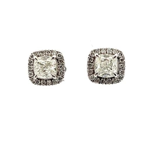 3.58 CARAT CUSHION BRILLIANT I SI2 & ROUND DIAMOND 14K WG STUD EARRINGS: 3.58 CARAT CUSHION BRILLIANT I SI2 & ROUND DIAMOND 14K WG STUD EARRINGS Title: 3.58 Carat Cushion Brilliant I SI2 and Round Brilliant I SI1 Diamond 14 Karat White Gold Stud Earrings Style: Stud Metal: