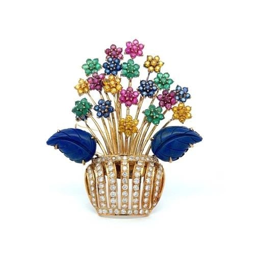 VINTAGE FLORAL PIN BROOCH 2.5 CARAT ROUND DIAMOND EMERALD SAPPHIRE AND CITRINE: VINTAGE FLORAL PIN BROOCH 2.5 CARAT ROUND DIAMOND EMERALD SAPPHIRE AND CITRINE Detailed Description: Vintage Floral Pin with Diamonds, Lapis Lazuli, Emeralds, Sapphires DESCRIPTION: In a garden of dre