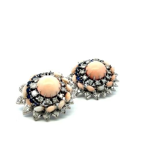 18K WG CLUSTER EARRINGS WITH 2 CT CIRCULAR DIAMONDS 1.3 CT SAPPHIRE AND CORAL (1 of 2)