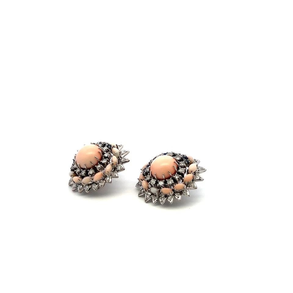18K WG CLUSTER EARRINGS WITH 2 CT CIRCULAR DIAMONDS 1.3 CT SAPPHIRE AND CORAL - 2