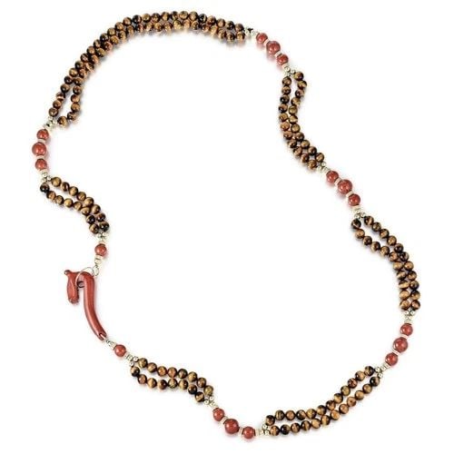 VINTAGE 162.20 GRAMS TIGER EYE AND CORAL 18 KARAT GOLD GEMS STONE NECKLACE: VINTAGE 162.20 GRAMS TIGER EYE AND CORAL 18 KARAT GOLD GEMS STONE NECKLACE Title: 18 Karat Gold Gems Stone Necklace Style: Gems Stone Metal: 18 Karat Gold Dimension: length 20" Weight: 162.2 Grams Con