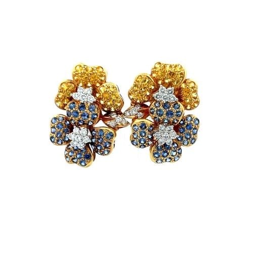 4.15 CARAT SAPPHIRE 0.96 CARAT ROUND DIAMOND 18K YELLOW GOLD CLUSTER EARRINGS (1 of 2)