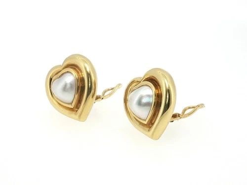 TIFFANY & CO 18 KARAT YELLOW GOLD STUD EARRINGS 22.9 GRAMS WITH 9.45MM PEARL (1 of 2)