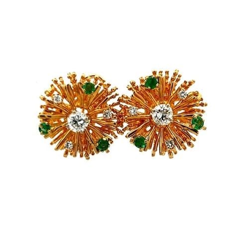 1.44 CARAT DIAMOND AND EMERALD 18K YELLOW GOLD VINTAGE SUNBURST CLIP-ON EARRINGS: 1.44 CARAT DIAMOND AND EMERALD 18K YELLOW GOLD VINTAGE SUNBURST CLIP-ON EARRINGS Title: These striking vintage and estate clip-on earrings feature a dazzling sunburst design crafted in rich 18 karat y