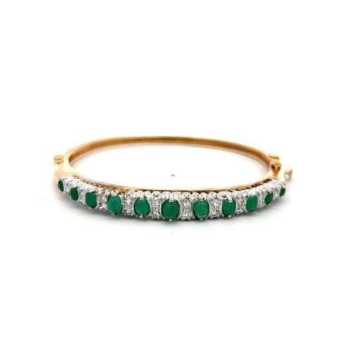 EMERALD DIAMOND BANGLE BRACELET 14K TWO TONE GOLD VINTAGE ESTATE JEWELRY (1 of 2)