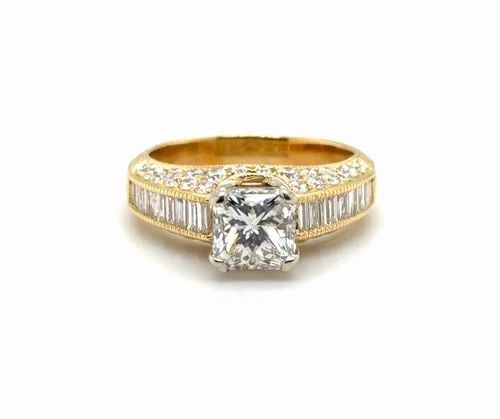 1.35CT NATURAL SQUARE MODIFIED DIAMOND WITH 1CT DIAMOND ACCENTS IN 18K GOLD: 1.35CT NATURAL SQUARE MODIFIED DIAMOND WITH 1CT DIAMOND ACCENTS IN 18K GOLD This exquisite engagement ring features a 1 35ct natural square modified brilliant diamond G-VS1 set in a platinum and yello