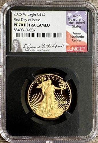 2025 W PROOF GOLD EAGLE $25 1/2OZ NGC PF70 UCAM FDOI CABRAL SIGNED LABEL: 2025 W PROOF GOLD EAGLE $25 1/2OZ NGC PF70 UCAM FDOI CABRAL SIGNED LABEL 2025 W Proof Gold Eagle $25 1/2oz NGC PF70 UCAM FDOI Cabral Signed Label THE ITEM(S) IN THE PHOTO(S) IS THE EXACT ITEM(S) YOU W