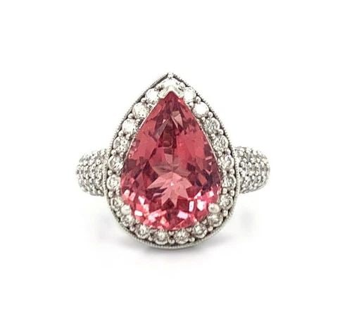 PEAR SHAPE PINK TOURMALINE, DIAMOND 18KT WHITE GOLD STATEMENT RING (1 of 2)