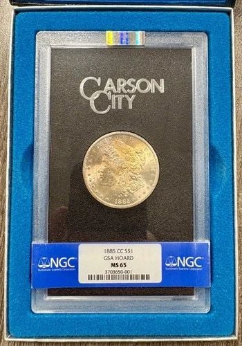 1885-CC GSA HARD PACK MORGAN SILVER DOLLAR $1, NGC MS65 GEM UNCIRCULATED, TONED: 1885-CC GSA HARD PACK MORGAN SILVER DOLLAR $1, NGC MS65 GEM UNCIRCULATED, TONED 1885-CC GSA Hard Pack Morgan Silver Dollar $1, NGC MS65 Gem Uncirculated, Toned THE ITEM(S) IN THE PHOTO(S) IS THE EXACT