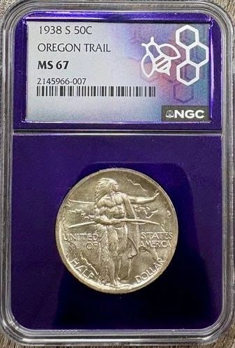 1938-S OREGON TRAIL HALF DOLLAR 50C NGC MS67 TONED, TRADERBEA PURPLE HOLDER (1 of 2)