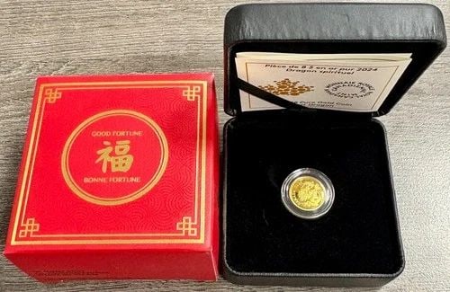 2024 CANADA $8 SPIRIT DRAGON PURE 99.99% GOLD PROOF COIN 1/20TH OZ W/ BOX & COA: 2024 CANADA $8 SPIRIT DRAGON PURE 99.99% GOLD PROOF COIN 1/20TH OZ W/ BOX & COA 2024 Canada $8 Spirit Dragon Pure 99.99% Gold Proof Coin 1/20th Oz w/ Box & COA THE ITEM(S) IN THE PHOTO(S) IS THE EXACT