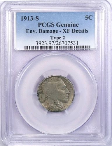 1913-S TYPE 2 BUFFALO NICKEL 5C, PCGS XF DETAILS, ENV. DAMAGE. EXTREMELY FINE: 1913-S TYPE 2 BUFFALO NICKEL 5C, PCGS XF DETAILS, ENV. DAMAGE. EXTREMELY FINE 1913-S Type 2 Buffalo Nickel 5C, PCGS XF Details, Env Damage Extremely Fine THE ITEM(S) IN THE PHOTO(S) IS THE EXACT ITEM(