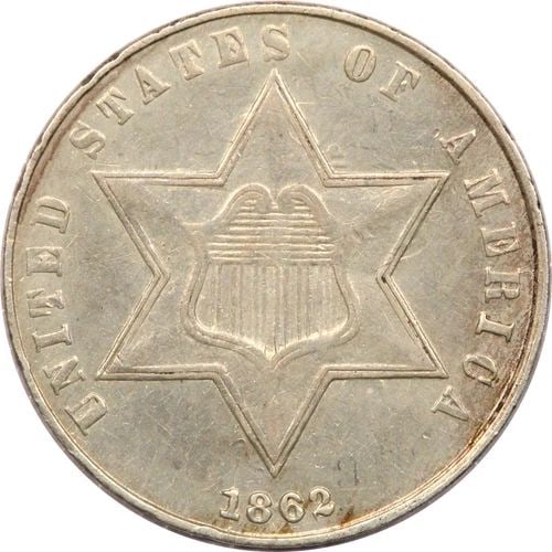 1862 THREE CENT SILVER TRIME 3CS, ABOUT UNCIRCULATED AU (1 of 2)
