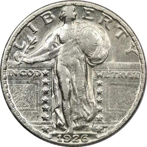 1926-S STANDING LIBERTY QUARTER 25C, ABOUT UNCIRCULATED AU, CLEANED (1 of 2)
