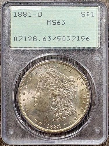 1881-O MORGAN SILVER DOLLAR $1, PCGS MS63 RATTLER OGH, CHOICE UNCIRCULATED BU: 1881-O MORGAN SILVER DOLLAR $1, PCGS MS63 RATTLER OGH, CHOICE UNCIRCULATED BU 1881-O Morgan Silver Dollar $1, PCGS MS63 Rattler OGH, Choice Uncirculated BU THE ITEM(S) IN THE PHOTO(S) IS THE EXACT ITE