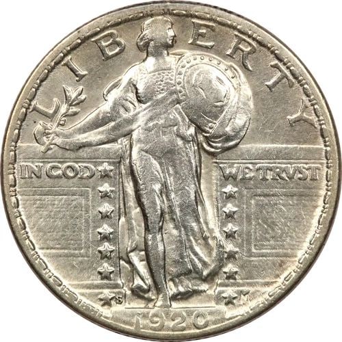 1920-S STANDING LIBERTY QUARTER 25C, ABOUT UNCIRCULATED AU, CLEANED (1 of 2)