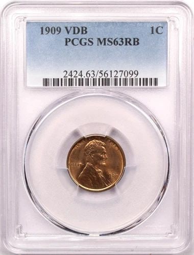 1909 VDB LINCOLN WHEAT CENT 1C, PCGS MS63RB, CHOICE UNCIRCULATED, RED/BROWN: 1909 VDB LINCOLN WHEAT CENT 1C, PCGS MS63RB, CHOICE UNCIRCULATED, RED/BROWN 1909 VDB Lincoln Wheat Cent 1C, PCGS MS63RB, Choice Uncirculated, Red/Brown