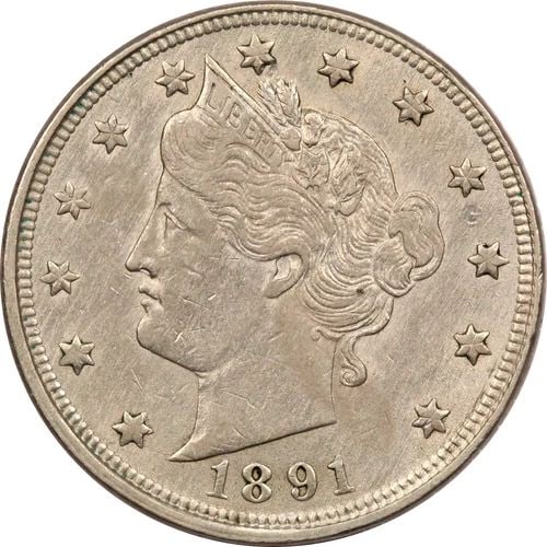 1891 LIBERTY HEAD V NICKEL 5C, ABOUT UNCIRCULATED AU (1 of 2)