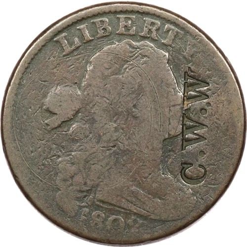 1802 DRAPED BUST LARGE CENT 1C, COUNTERSTAMPED "C.W.W.", GOOD G (1 of 2)