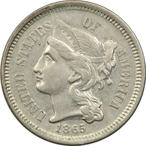1865 THREE CENT NICKEL 3CN, ABOUT UNCIRCULATED AU (1 of 2)