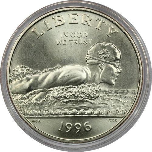 1996-S UNCIRCULATED SWIMMING OLYMPICS HALF DOLLAR, IN CAPSULE (NO BOX/COA) (1 of 2)