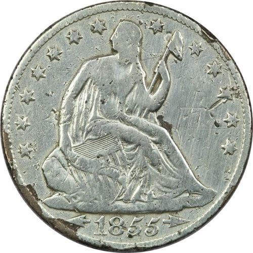1855-O ARROWS SEATED LIBERTY HALF DOLLAR 50C, VERY GOOD VG, DAMAGED: 1855-O ARROWS SEATED LIBERTY HALF DOLLAR 50C, VERY GOOD VG, DAMAGED 1855-O Arrows Seated Liberty Half Dollar 50C, Very Good VG, Damaged