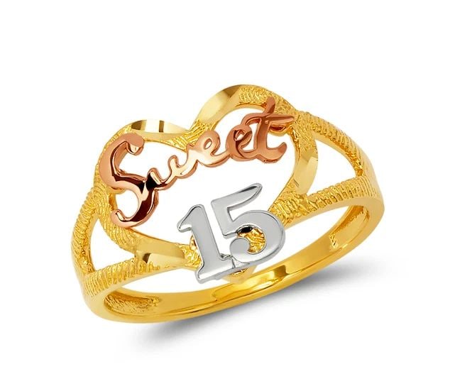 NEW 14K TRICOLOR GOLD LADIES SWEET 15 ANOS FILIGREE RING: NEW 14K TRICOLOR GOLD LADIES SWEET 15 ANOS FILIGREE RINGLADIES SWEET 15 ANOS FILIGREE RINGNEW 14KTRICOLOR GOLDSIZE Apx: 13mmApx. WEIGHT: 2.4g