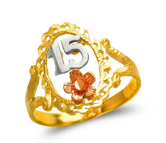 NEW 14K TRICOLOR GOLD LADIES 15 ANOS FILIGREE RING: NEW 14K TRICOLOR GOLD LADIES 15 ANOS FILIGREE RING LADIES 15 ANOS FILIGREE RING NEW 14K TRICOLOR GOLD SIZE Apx: 16mm Apx. WEIGHT: 2.4g