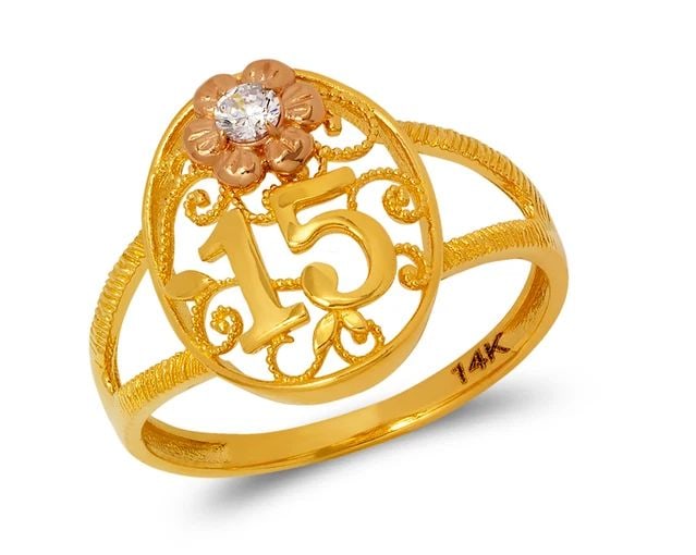 NEW 14K TWO TONE GOLD LADIES FASHION SOLITAIRE RING: NEW 14K TWO TONE GOLD LADIES FILIGREE 15 ANOS RING LADIES FILIGREE 15 ANOS RING NEW 14K TWO TONE GOLD Apx. WIDTH: 15mm Apx. WEIGHT: 2.4g