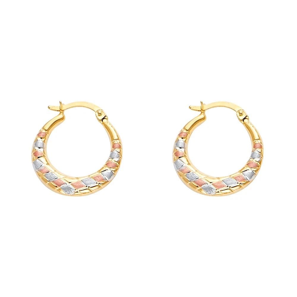 NEW 14K TRI COLOR GOLD DOUBLE FACE X DESIGN HOLLOW EARRINGS: NEW 14K TRI COLOR GOLD DOUBLE FACE X DESIGN HOLLOW EARRINGS DOUBLE FACE X DESIGN HOLLOW EARRINGS NEW 14K TRI COLOR GOLD HEIGHT - 20 mm WIDTH - 20 mm Apx WEIGHT - 1.8 g