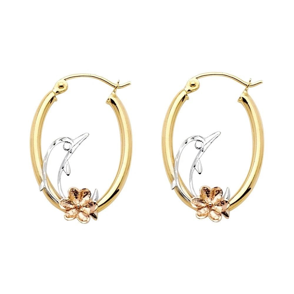 NEW 14K TRI COLOR GOLD SMALL F EARRINGS WITH HERAT DOLPHIN: NEW 14K TRI COLOR GOLD SMALL F EARRINGS WITH HERAT DOLPHIN SMALL F EARRINGS WITH HERAT DOLPHIN NEW 14K TRI COLOR GOLD Height : 25 mm Width : 15 mm Weight : 1.8g