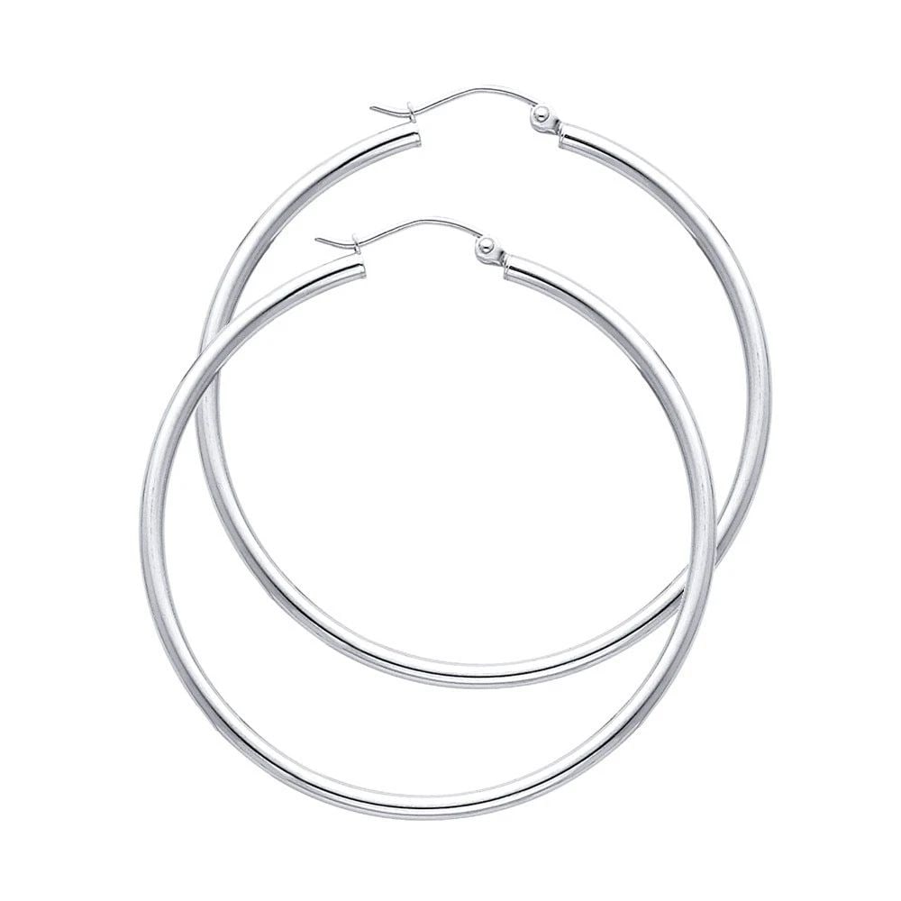 NEW 14K WHITE GOLD 2MM ROUND TUBE POLISHED HOOP EARRINGS (35MM) (1 of 2)