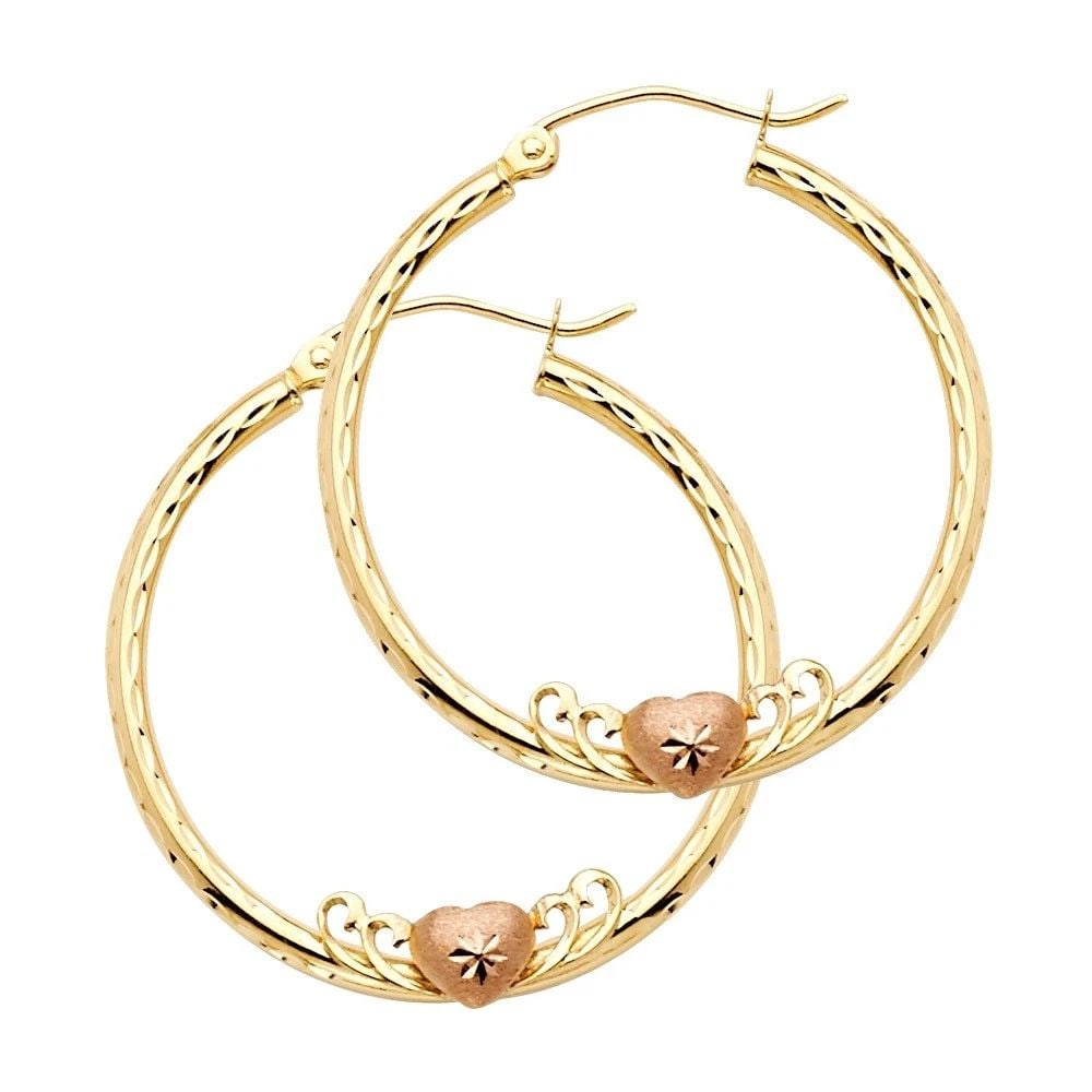 NEW 14K TWO TONE GOLD 2MM ROUND HOOP EARRINGS WITH HERAT (30MM) (1 of 2)