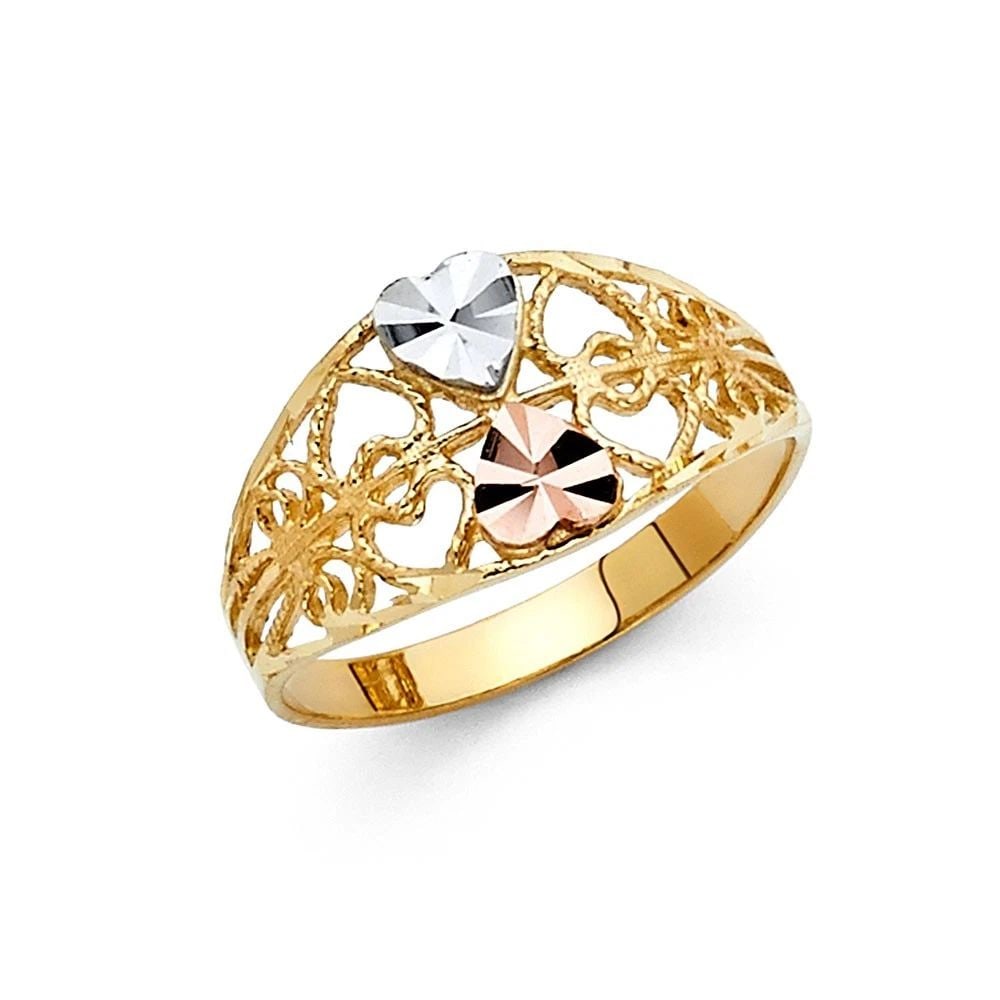 NEW 14K TRI COLOR GOLD FANCY HEART RING: NEW 14K TRI COLOR GOLD FANCY HEART RING FANCY HEART RING NEW 14K TRI COLOR GOLD WIDTH : 10 mm WEIGHT : 2.3g