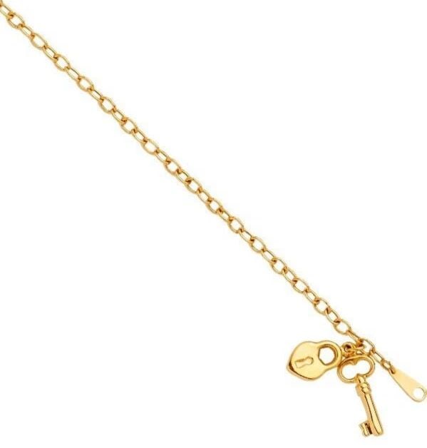 NEW 14K YELLOW GOLD HEART & KEY PENDANT HOLLOW BRACELET (1 of 2)