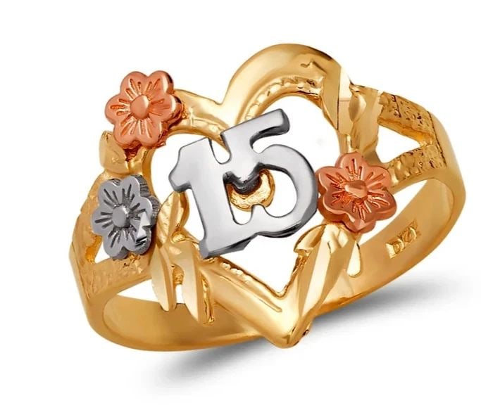 NEW 14K TRICOLOR GOLD LADIES 15 ANOS HEART FILIGREE RING: NEW 14K TRICOLOR GOLD LADIES 15 ANOS HEART FILIGREE RING LADIES 15 ANOS HEART FILIGREE RING NEW 14K TRICOLOR GOLD SIZE Apx: 14mm Apx. WEIGHT: 2.3g