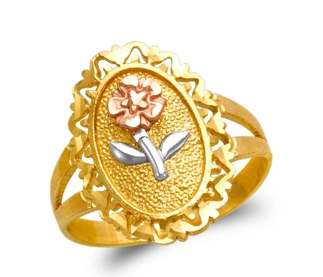 NEW 14K TRICOLOR GOLD LADIES FLOWER FILIGREE RING: NEW 14K TRICOLOR GOLD LADIES FLOWER FILIGREE RING LADIES FLOWER FILIGREE RING NEW 14K TRICOLOR GOLD SIZE Apx: 19mm Apx. WEIGHT: 2.3g