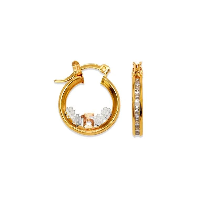 NEW 14K TRICOLOR GOLD 15 ANOS HOOP EARRINGS: NEW 14K TRICOLOR GOLD 15 ANOS HOOP EARRINGS 15 ANOS HOOP EARRINGS NEW 14K TRICOLOR GOLD Width: Approx. 11x19mm Apx WEIGHT: 2.3g