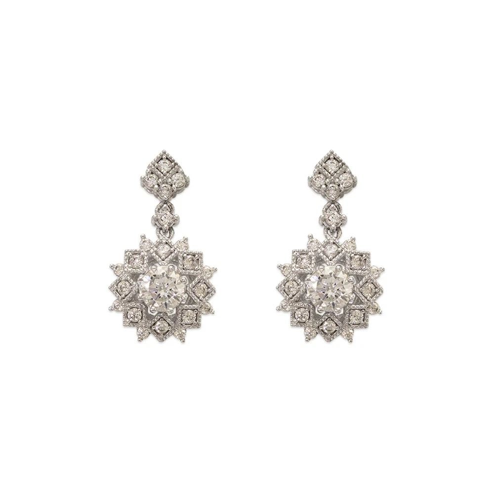 NEW 14K WHITE GOLD FANCY DIAMOND CUT FLOWER STUD EARRINGS: NEW 14K WHITE GOLD FANCY DIAMOND CUT FLOWER STUD EARRINGS FANCY DIAMOND CUT FLOWER STUD EARRINGS NEW 14K WHITE GOLD Width: Approx. 10x18mm Apx WEIGHT: 2.3g