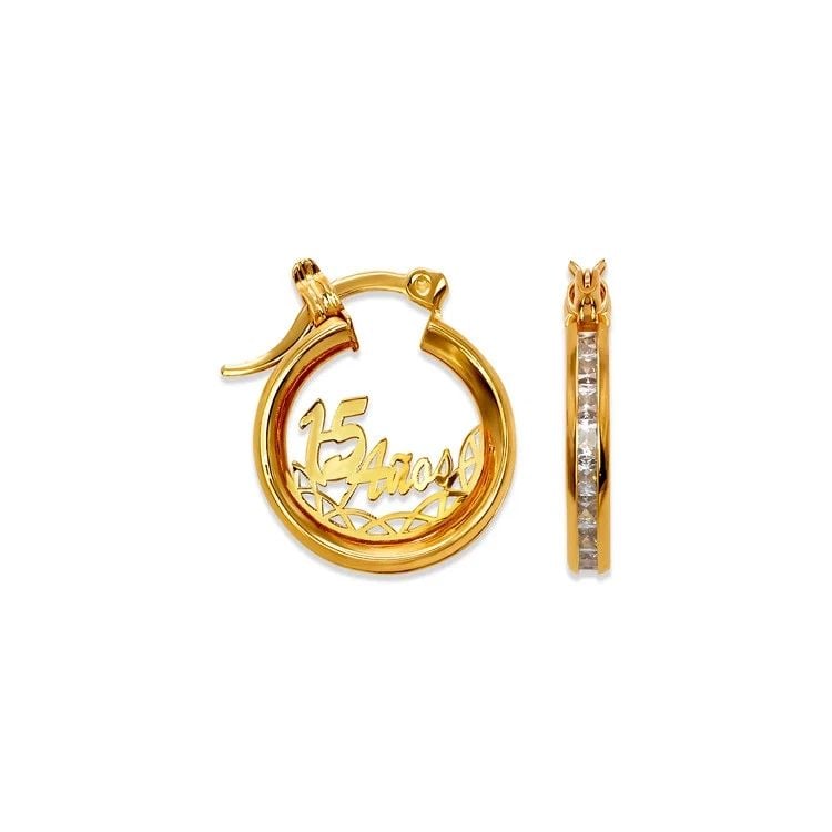 NEW 14K YELLOW GOLD 15 ANOS HOOP EARRINGS: NEW 14K YELLOW GOLD 15 ANOS HOOP EARRINGS 15 ANOS HOOP EARRINGS NEW 14K YELLOW GOLD Width: Approx. 11x19mm Apx WEIGHT: 2.3g