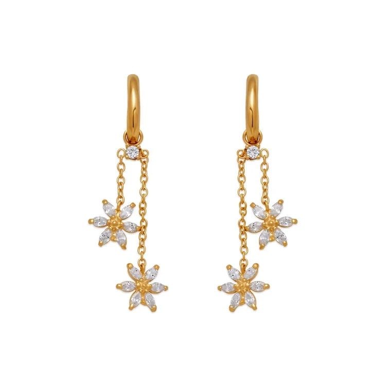 NEW 14K YELLOW GOLD FANCY DOUBLE FLOWER DANGLING EARRINGS: NEW 14K YELLOW GOLD FANCY DOUBLE FLOWER DANGLING EARRINGS FANCY DOUBLE FLOWER DANGLING EARRINGS NEW 14K YELLOW GOLD Width: Approx. 12x40mm Apx WEIGHT: 2.3g