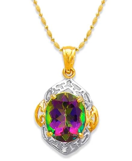 NEW 14K TWO TONE GOLD MYSTIC TOPAZ PENDANT: NEW 14K TWO TONE GOLD MYSTIC TOPAZ PENDANT MYSTIC TOPAZ PENDANT NEW 14K TWO TONE GOLD Apx. WIDTH: 12x13mm Apx WEIGHT: 2.3g