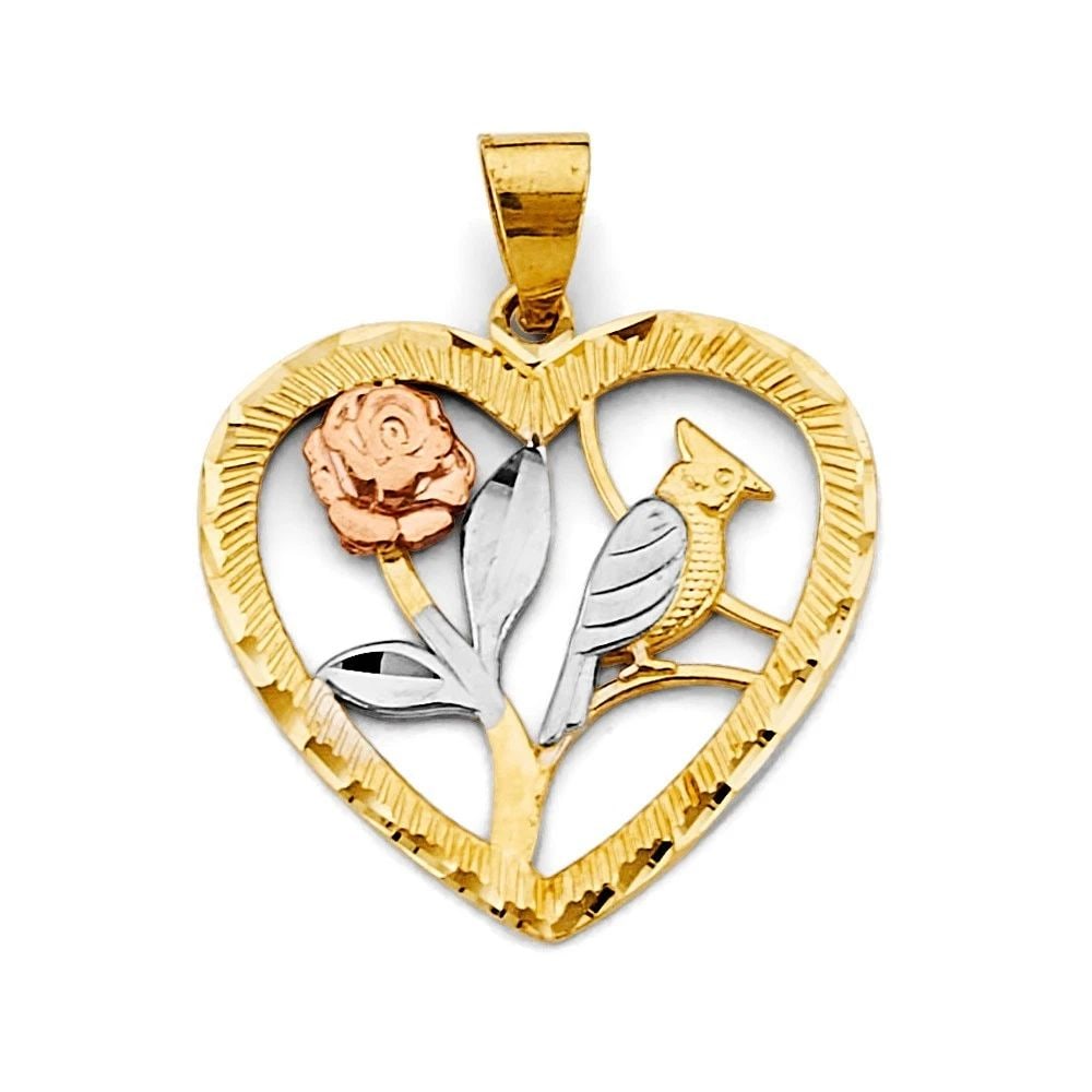 NEW 14K TRI COLOR GOLD HEART WITH FLOWER & BIRD PENDANT: NEW 14K TRI COLOR GOLD HEART WITH FLOWER & BIRD PENDANT HEART WITH FLOWER & BIRD PENDANT NEW 14K TRI COLOR GOLD Height : 30 mm Width : 25 mm Apx. WEIGHT : 2.2g