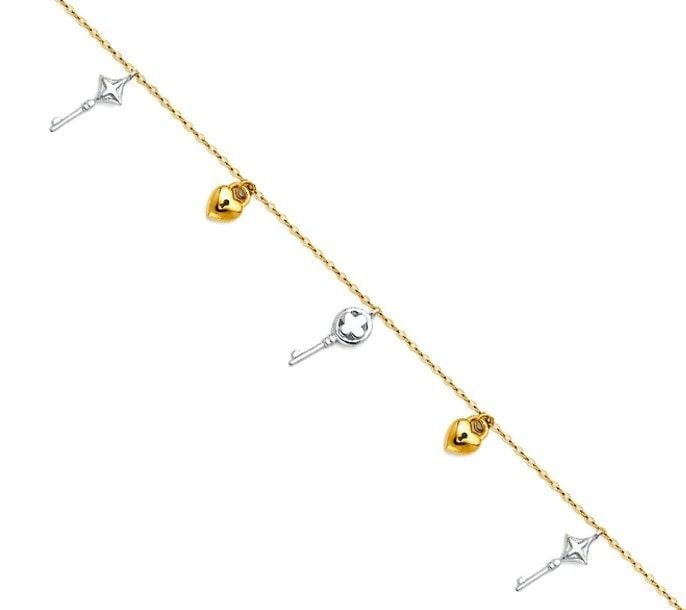 NEW 14K TWO TONE GOLD HANGING CHARM KEY HEART LOCK ANKLET (1 of 2)
