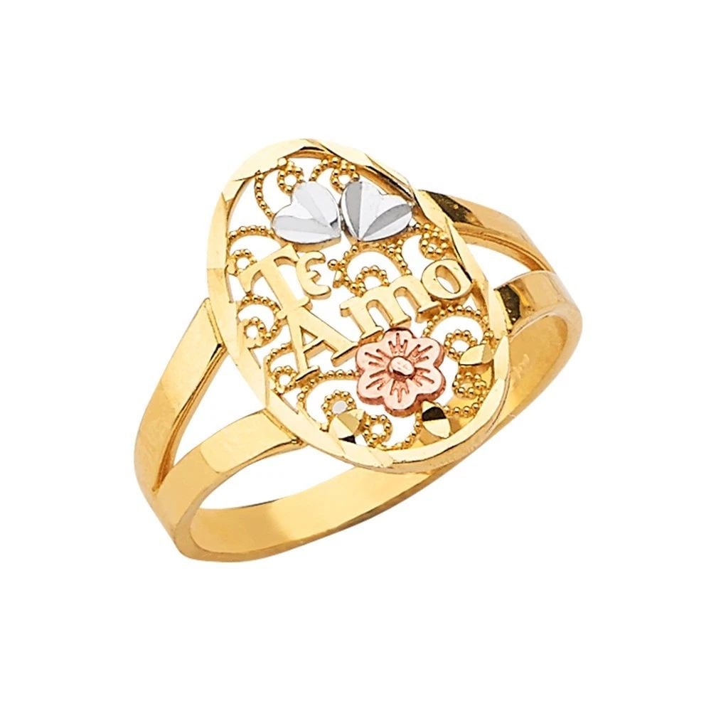 NEW 14K TRI COLOR GOLD TE AMO RING: NEW 14K TRI COLOR GOLD TE AMO RING TE AMO RING NEW 14K TRI COLOR GOLD WIDTH : WEIGHT : 2.3g