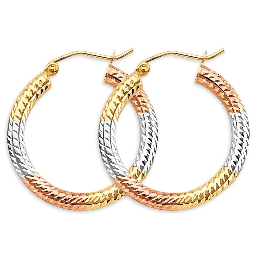 NEW 14K TRI COLOR GOLD 3MM TUBE DC HOOP EARRINGS: NEW 14K TRI COLOR GOLD 3MM TUBE DC HOOP EARRINGS 3MM TUBE DC HOOP EARRINGS NEW 14K TRI COLOR GOLD HEIGHT - 25 mm WIDTH - 25 mm Apx WEIGHT - 1.7 g