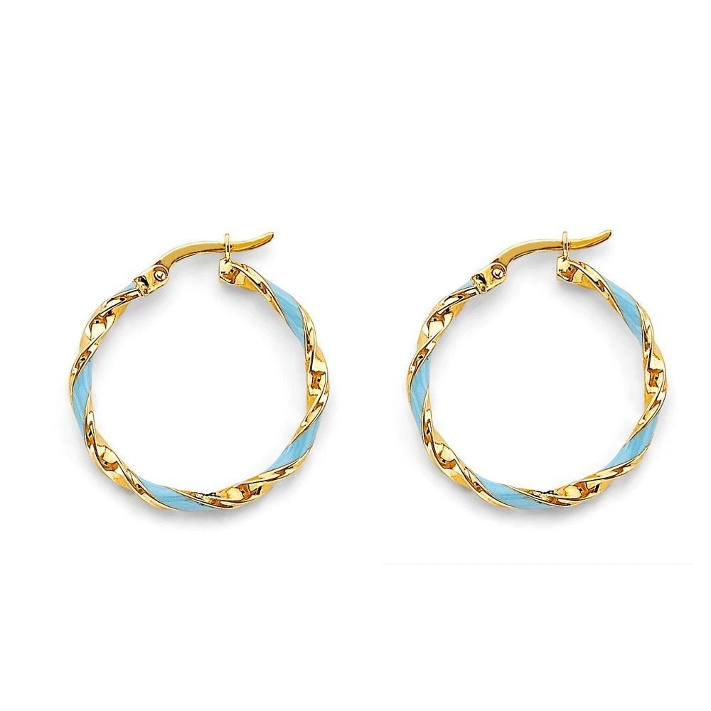 NEW 14K YELLOW GOLD ENAMEL TWISTED HOOP EARRINGS: NEW 14K YELLOW GOLD ENAMEL TWISTED HOOP EARRINGS ENAMEL TWISTED HOOP EARRINGS NEW 14K YELLOW GOLD HEIGHT - 23 mm WIDTH - 23 mm Apx WEIGHT - 1.7 g