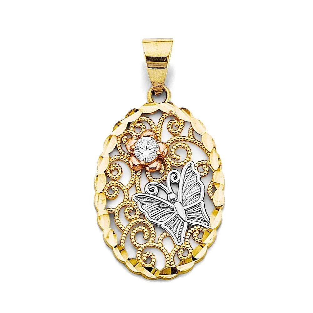 NEW 14K TRI COLOR GOLD OVAL PENDANT WITH BUTTERFLY: NEW 14K TRI COLOR GOLD OVAL PENDANT WITH BUTTERFLY OVAL PENDANT WITH BUTTERFLY NEW 14K TRI COLOR GOLD Height : 32 mm Width : 17 mm Apx. WEIGHT : 2.2g