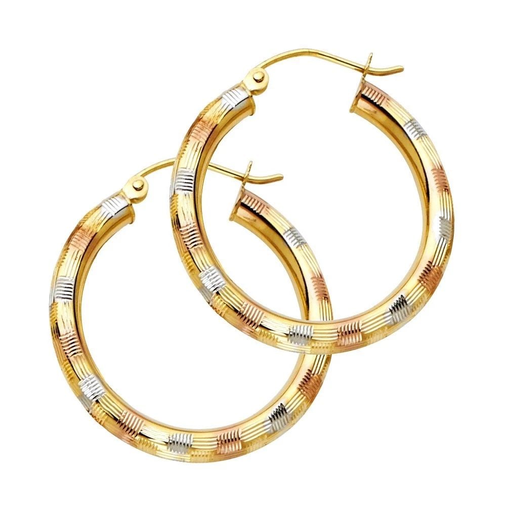 NEW 14K TRI COLOR GOLD 3MM DC HOOP EARRINGS: NEW 14K TRI COLOR GOLD 3MM DC HOOP EARRINGS 3MM DC HOOP EARRINGS NEW 14K TRI COLOR GOLD HEIGHT - 25 mm WIDTH - 25 mm Apx WEIGHT - 1.7 g